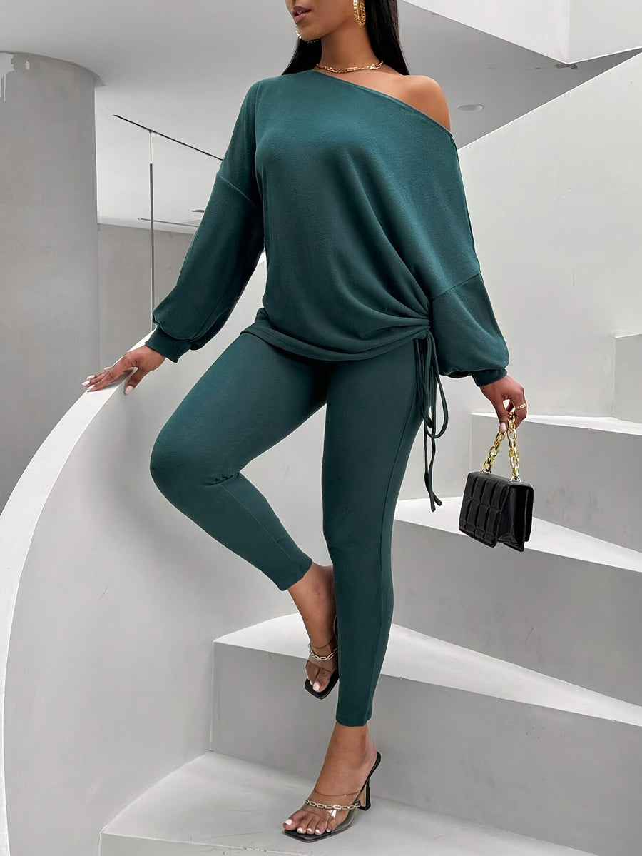 Ensemble pull col bateau et legging côtelé femme vert foncé