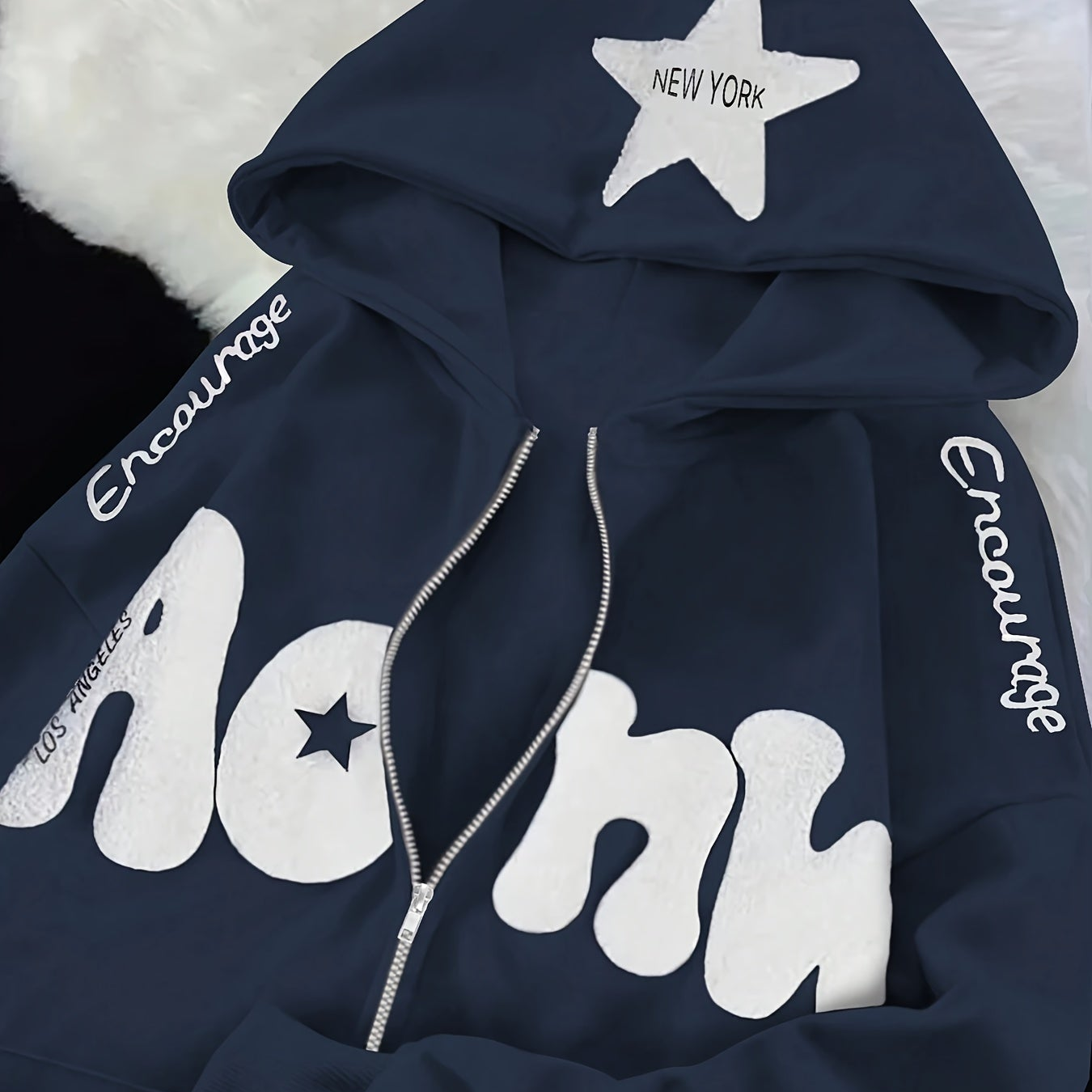 Sweat à Capuche Zippé Femme Rose Vif Étoile New York Lettrage Noir