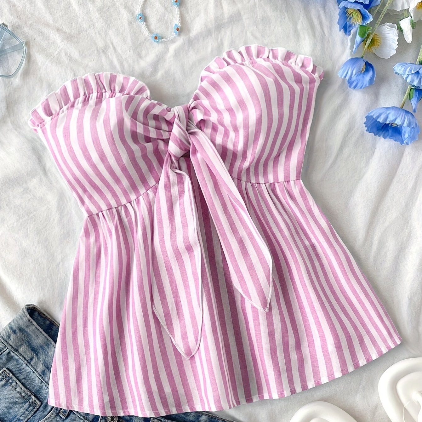 Striped tied-front bustier top casual style for women