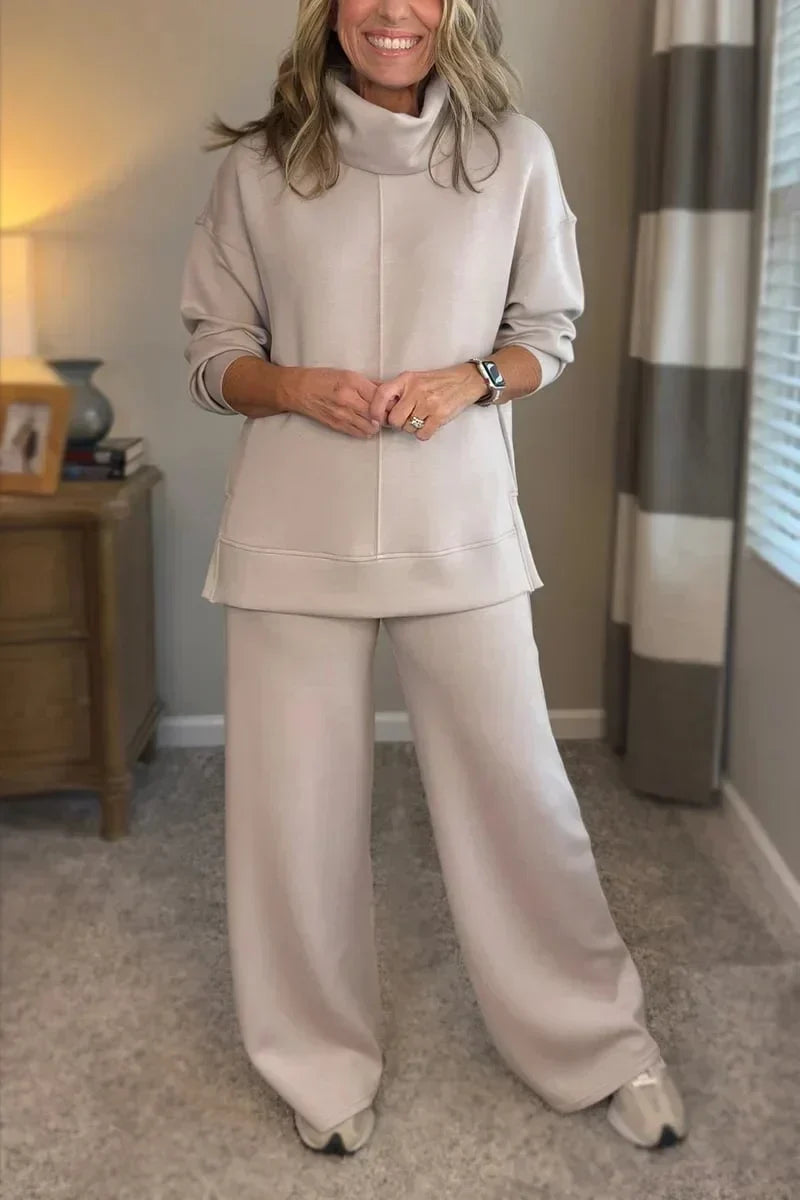 Dameset met sweater met opstaande kraag & comfortabele wijde broek