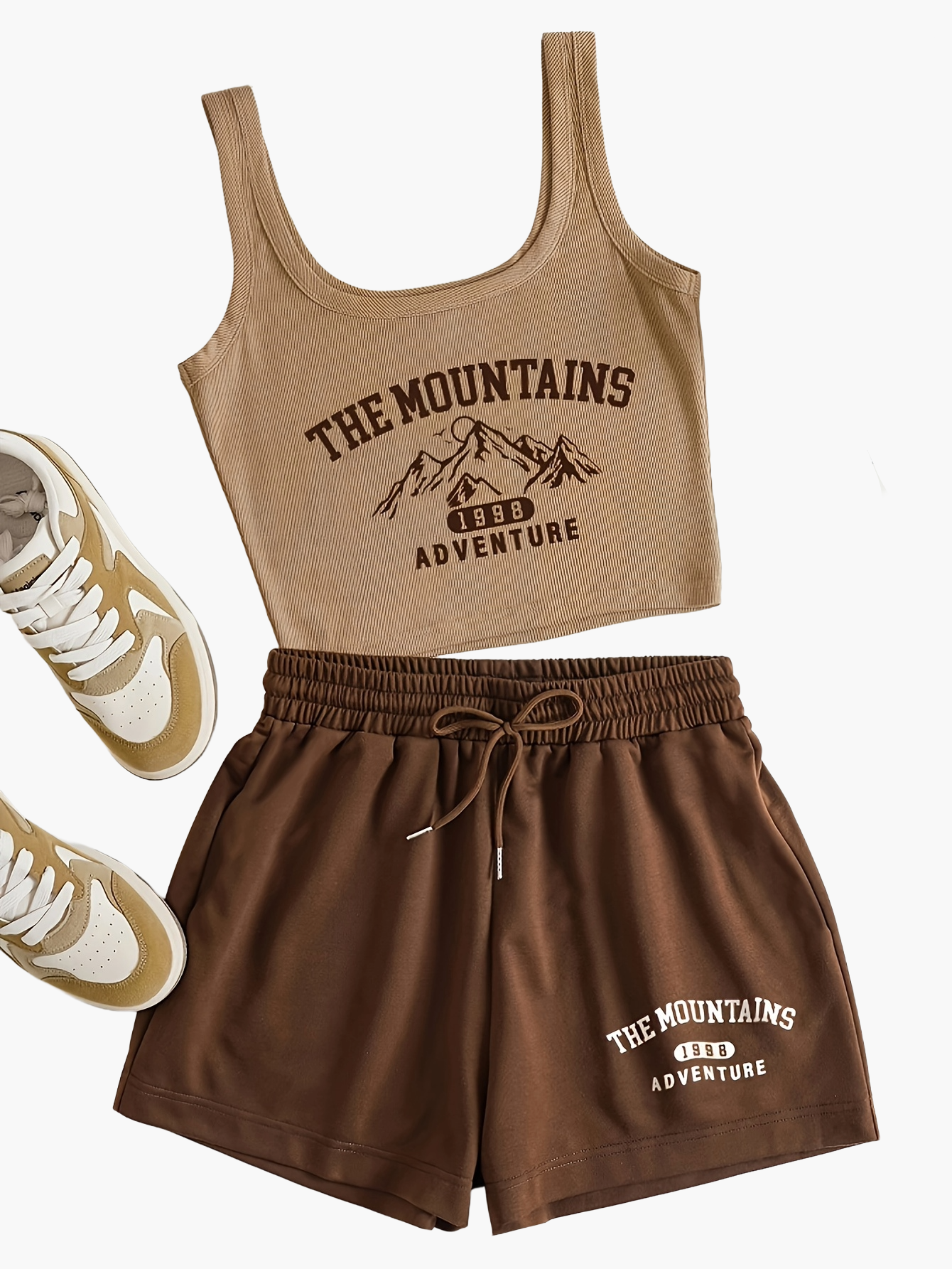 Ensemble Décontracté Femme Style Aventure Montagne – Top Court et Short, Look Sportif et Estival