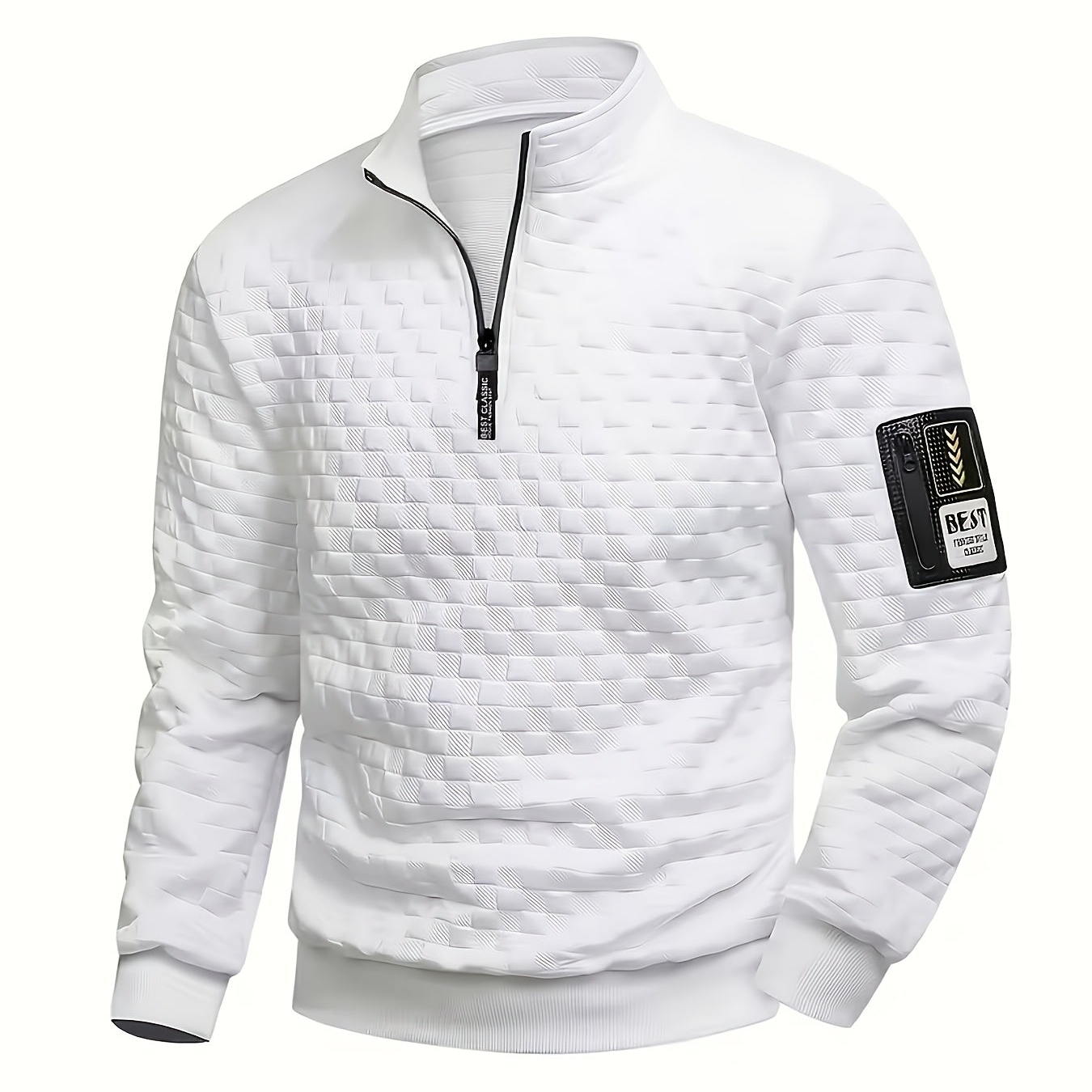 Pull homme matelassé motif géométrique avec col montant zippé et patch manche