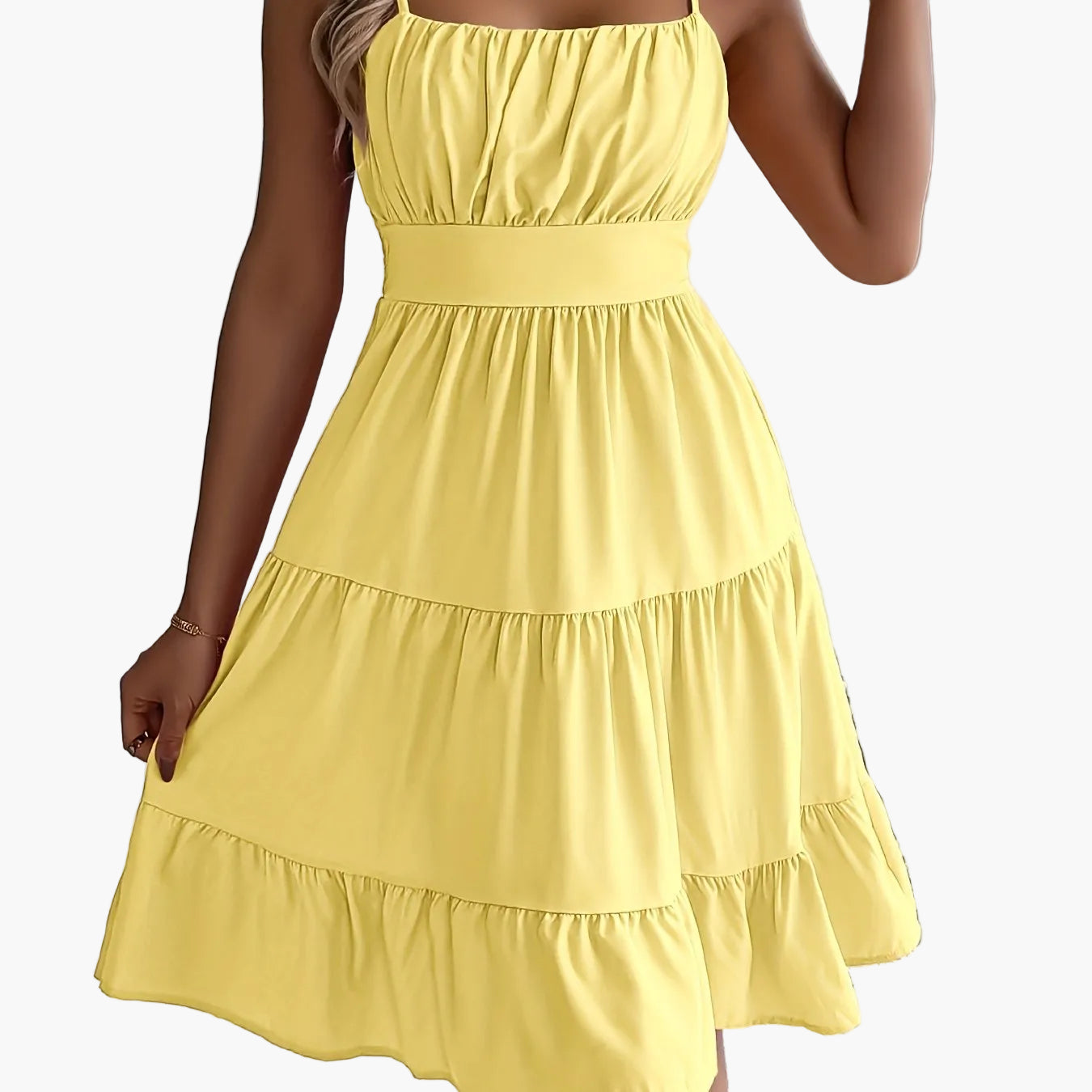 Robe d'été femme style décontracté à bretelles fines, volants, allure vacances