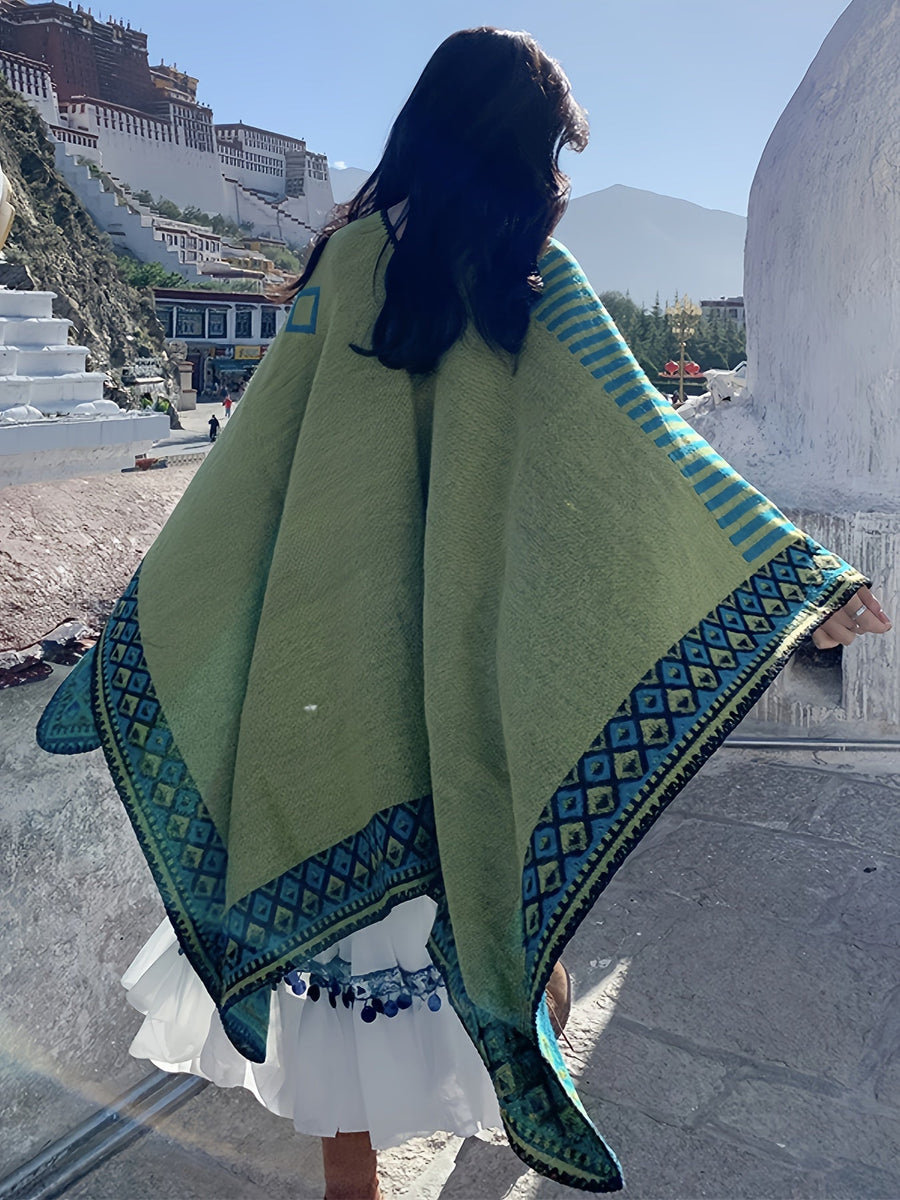 Wende-Cape-Poncho für Damen, grün, geometrisch gestreift, große Größe