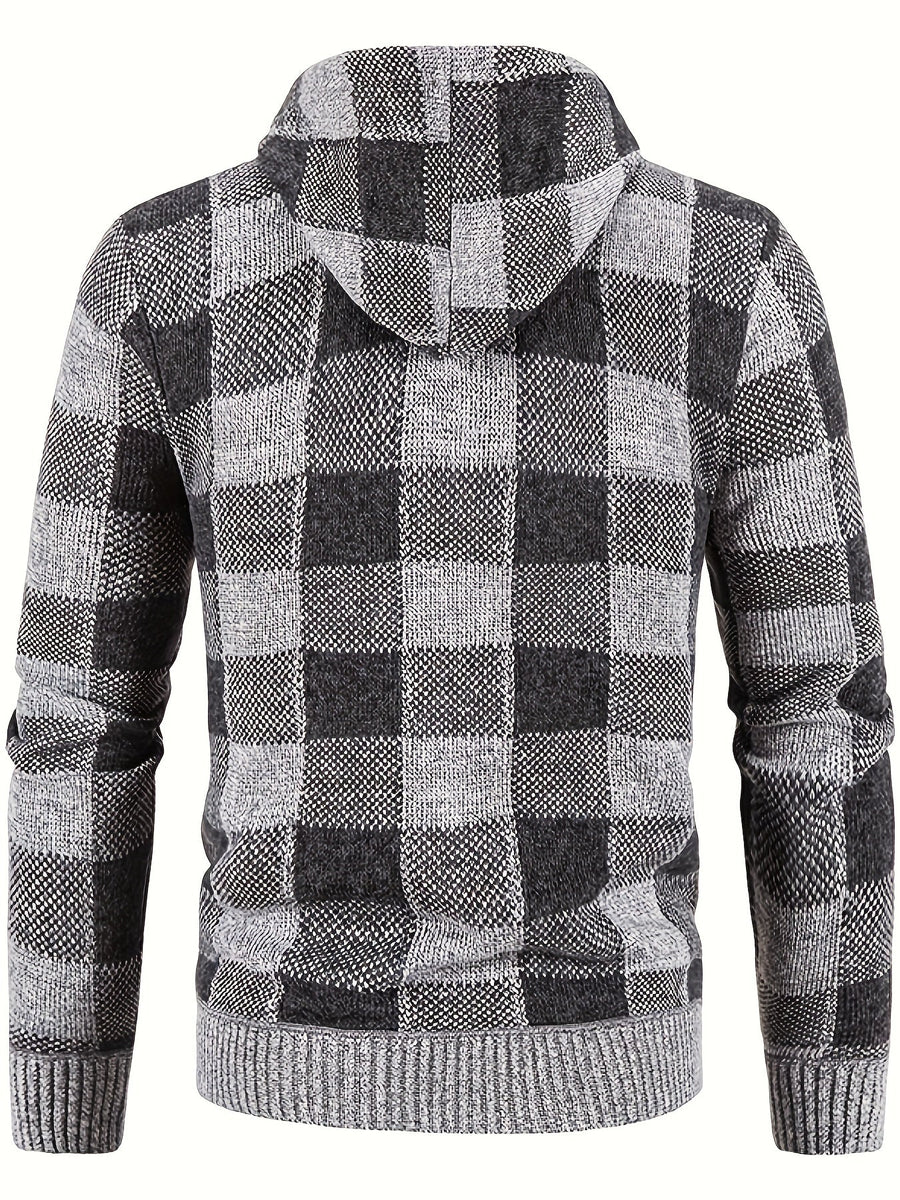 Herren-Cardigan mit Kapuze, braun-schwarzem Karomuster, Reißverschluss und warmem Futter
