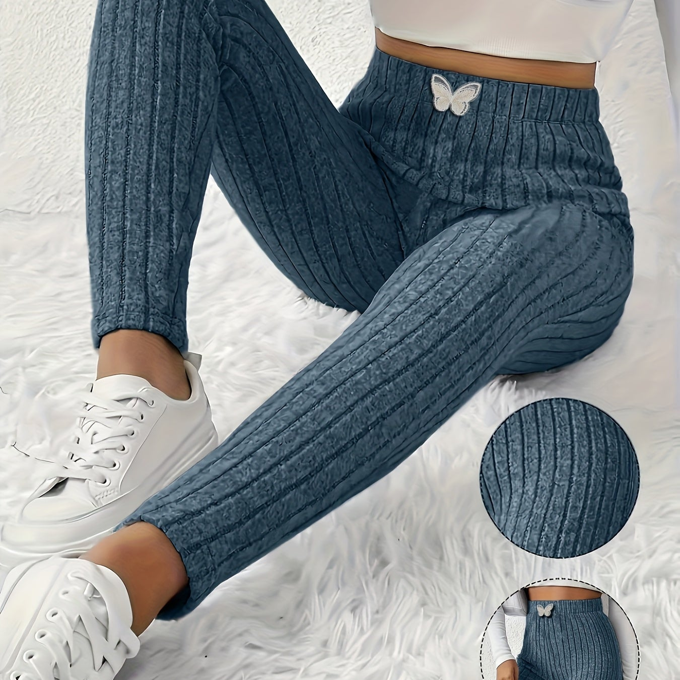 Legging côtelé gris clair taille haute avec détail papillon