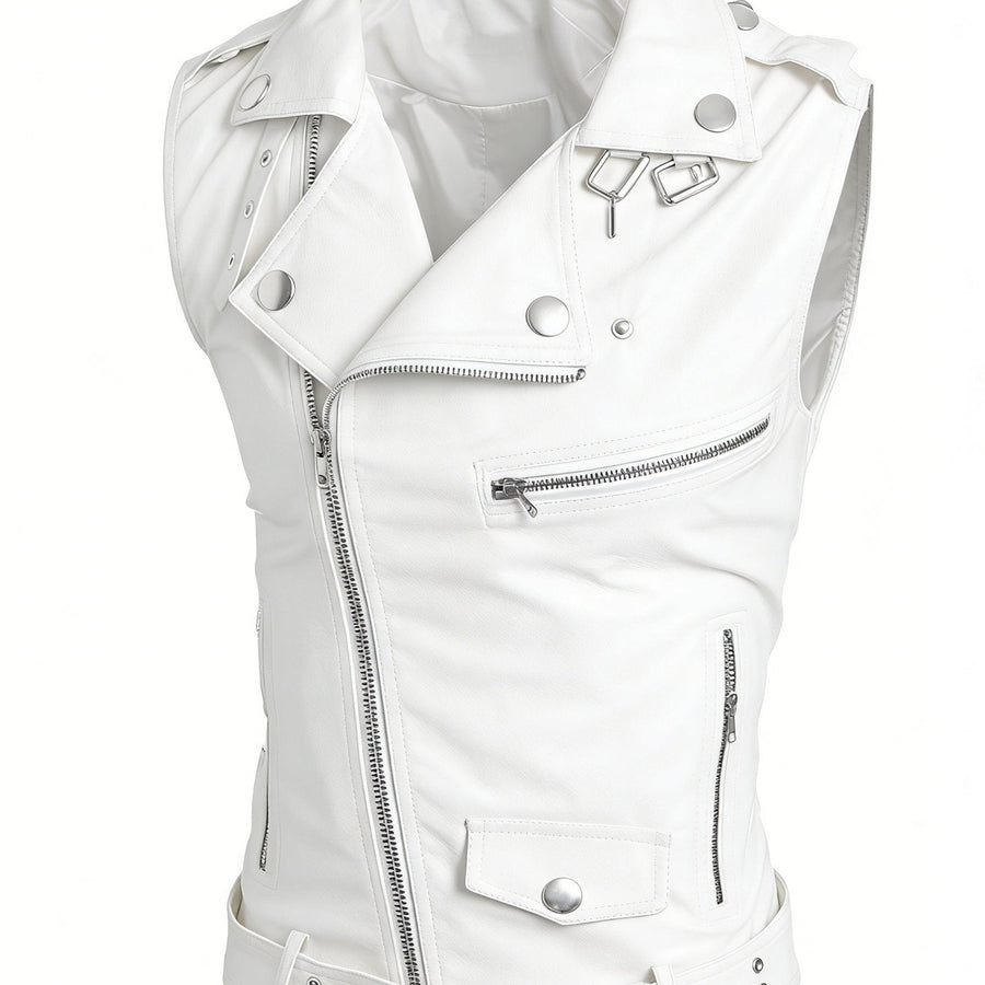 Gilet de style motard en similicuir sans manches avec fermeture éclair asymétrique