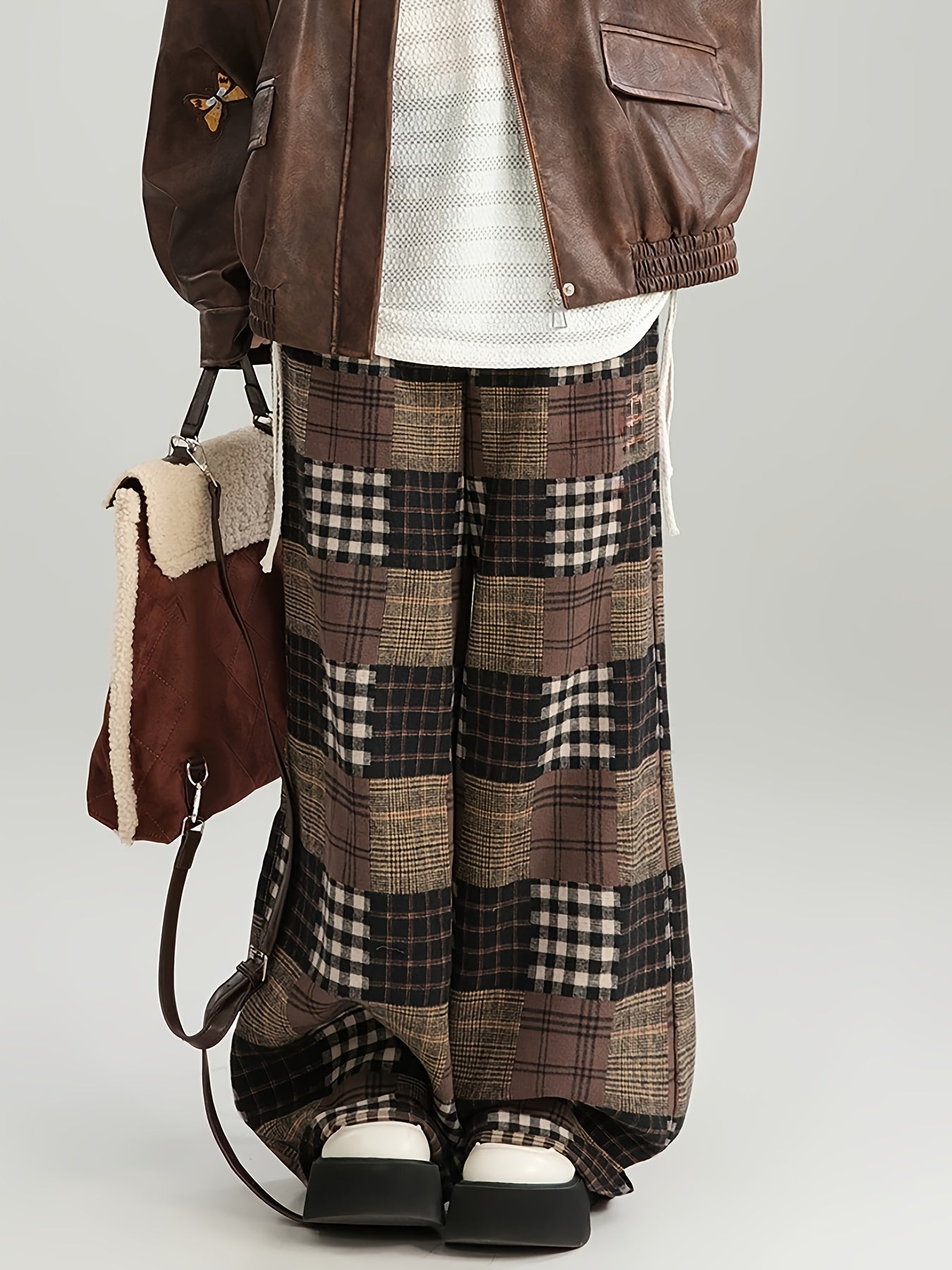 Pantalon large à carreaux style patchwork marron doublé doux