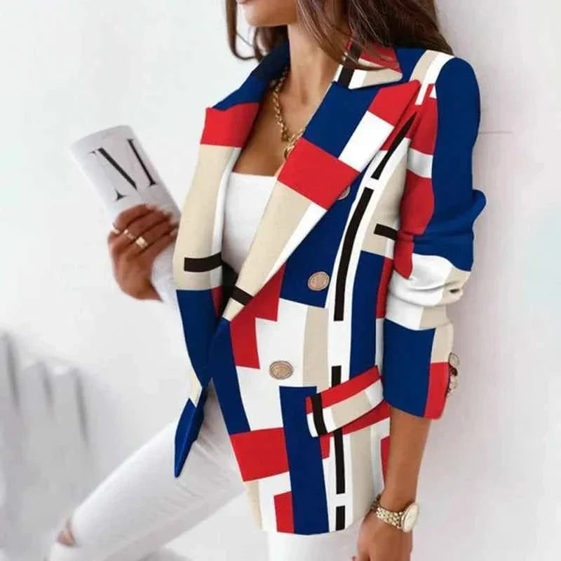 Women's double-breasted plaid blazer with notched lapels, available in various colors