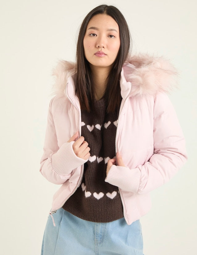 Chaqueta acolchada corta estilo bomber para mujer, con capucha ribeteada de pelo sintético extraíble y cierre frontal de cremallera