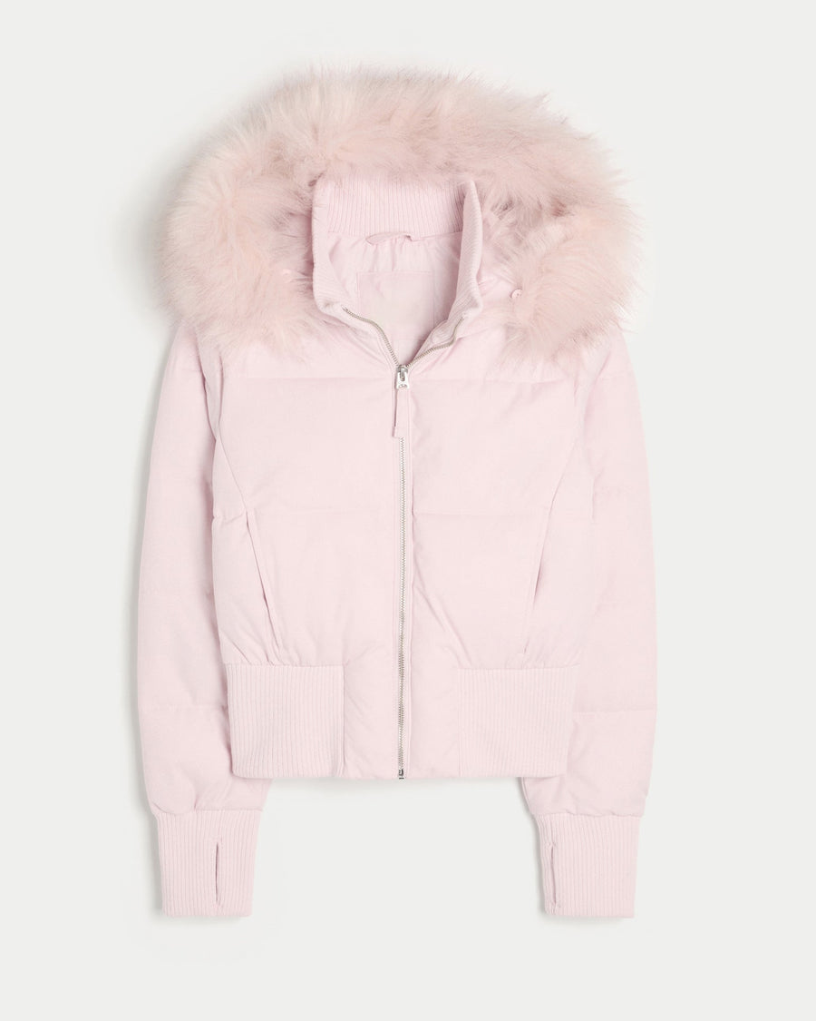 Chaqueta acolchada corta estilo bomber para mujer, con capucha ribeteada de pelo sintético extraíble y cierre frontal de cremallera