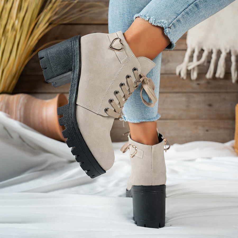 Women's Lace-Up Ankle Boots with Chunky Lugged Block Heel and Decorative Heart