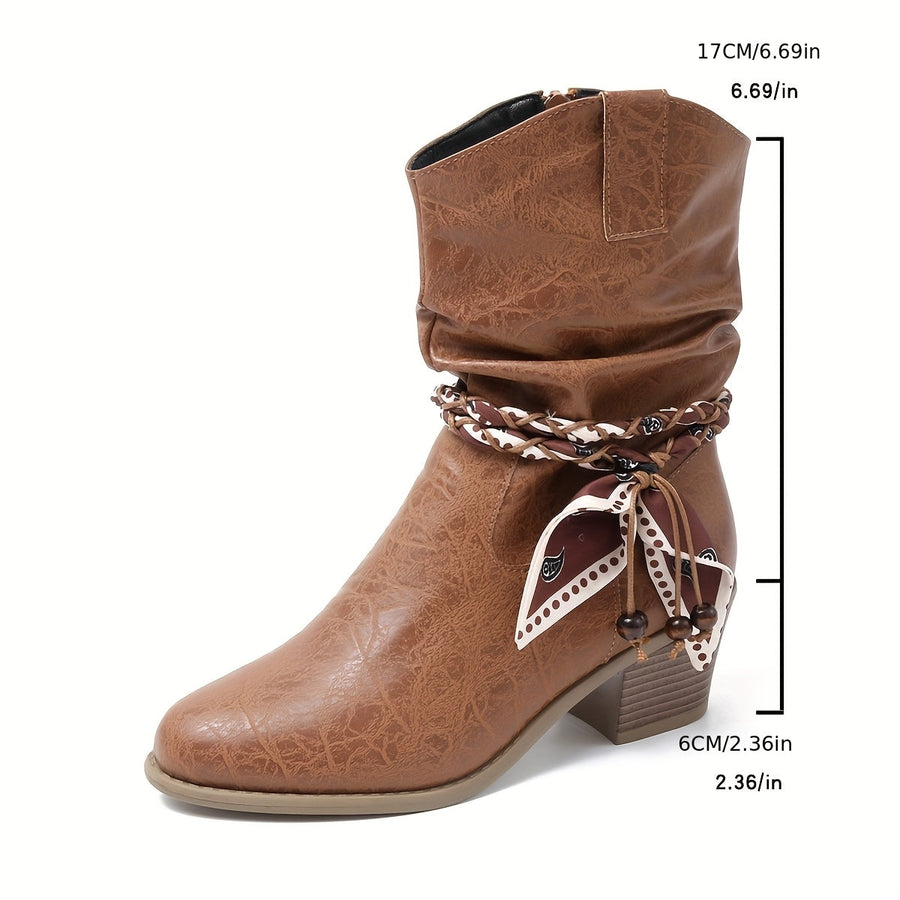 Light Brown Women's Western Boots with Decorative Scarf and Block Heel