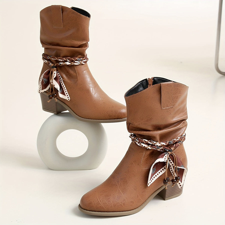 Light Brown Women's Western Boots with Decorative Scarf and Block Heel