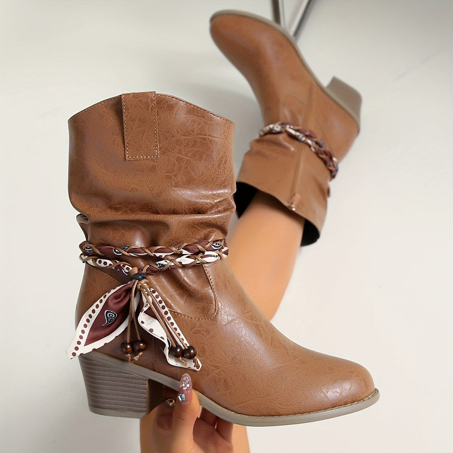 Light Brown Women's Western Boots with Decorative Scarf and Block Heel