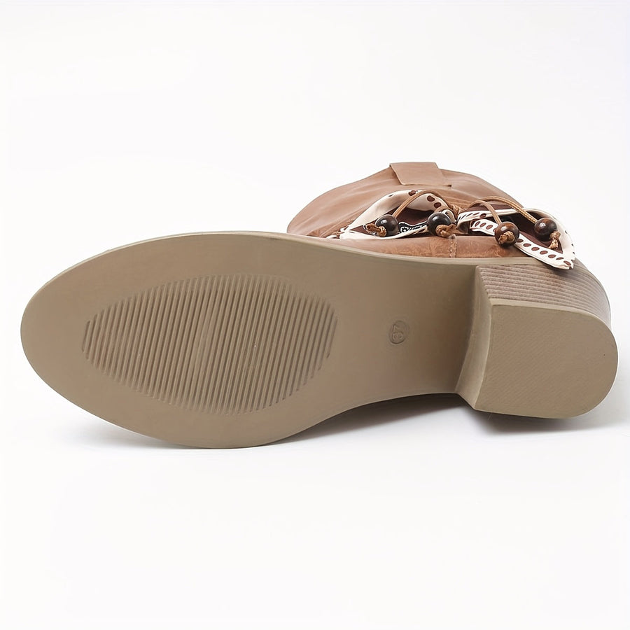 Light Brown Women's Western Boots with Decorative Scarf and Block Heel