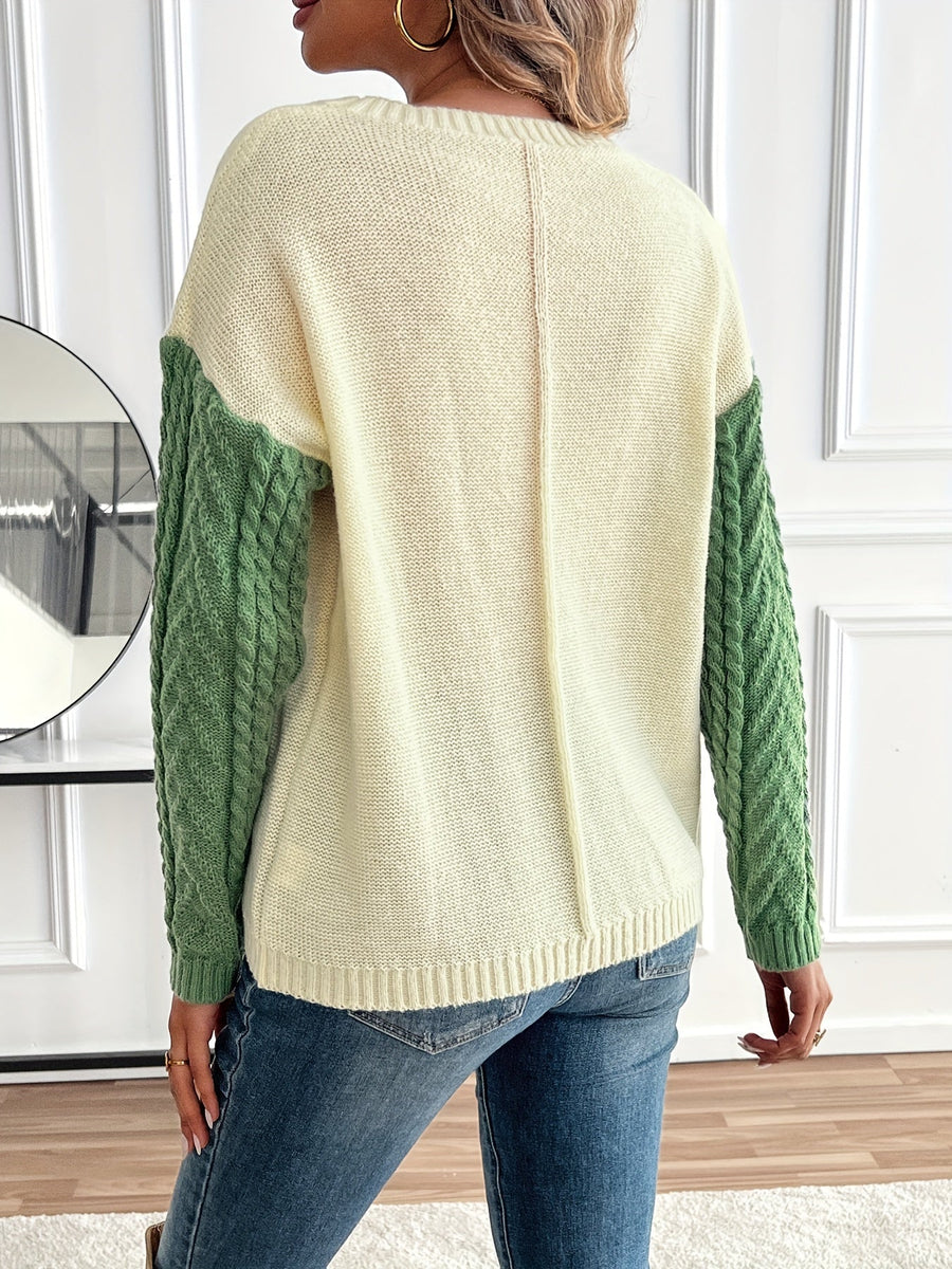 Pull Femme Maille Torsadée Bicolore Crème Vert avec Poche Plaquée