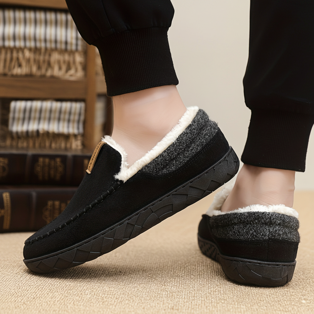 Chaussons Mocassins Homme Doublés Polaire Marron Chaussures d'Intérieur Hiver Confortables