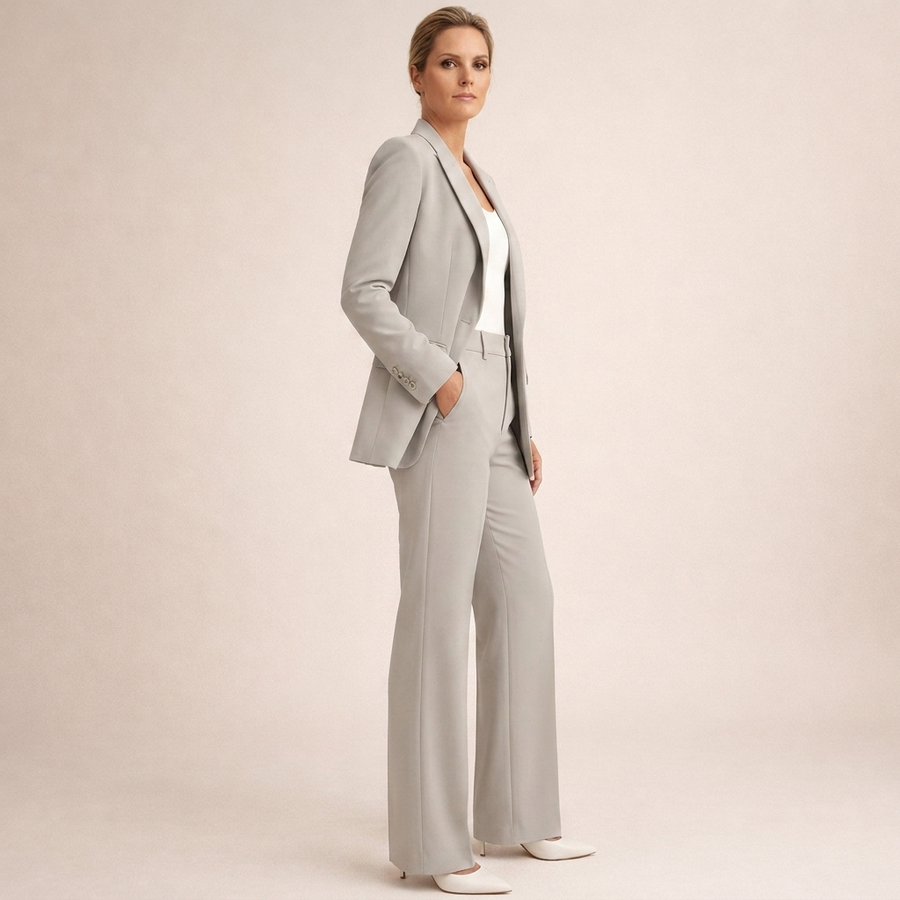 Elegant dresssett til kvinner med jakke og bukse i rett snitt, beige