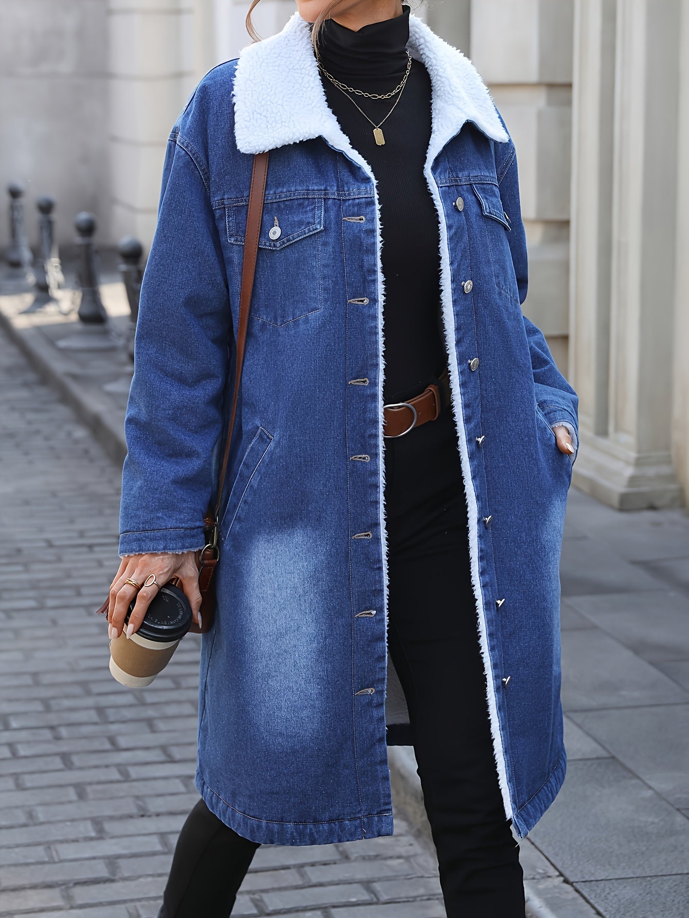 Manteau long en jean bleu délavé doublé doux pour femme