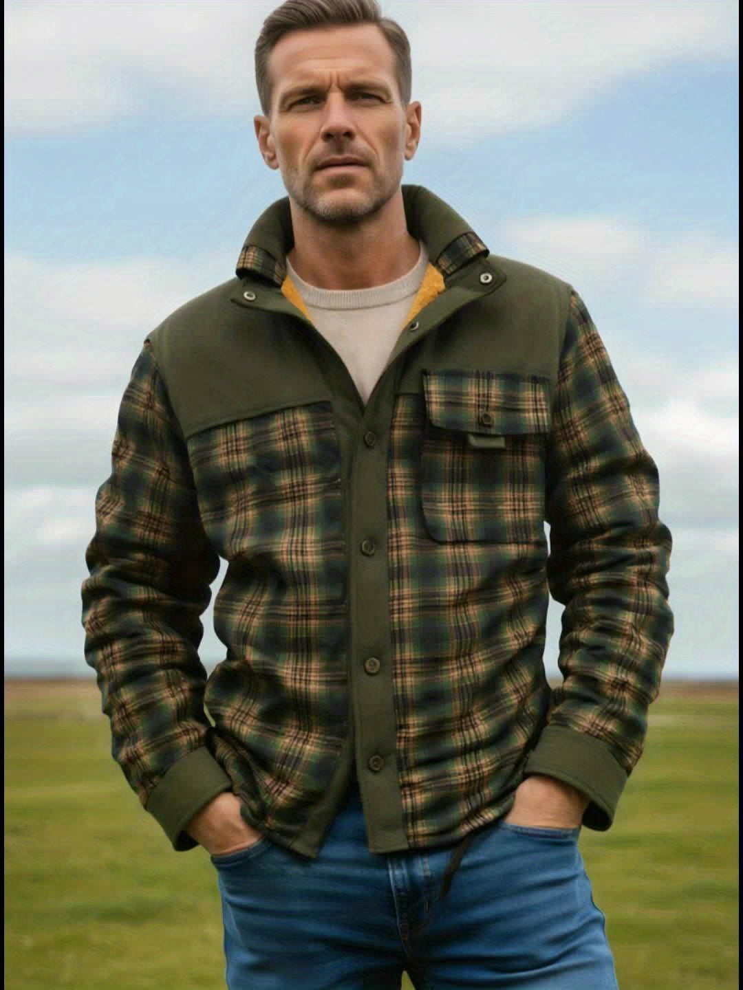 Veste Chemise Homme Carreaux Vert Doublée Molletonnée Chaude