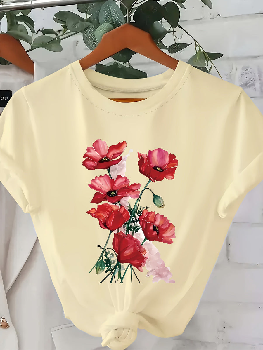 T-shirt donna stile casual con stampa floreale artistica per primavera ed estate