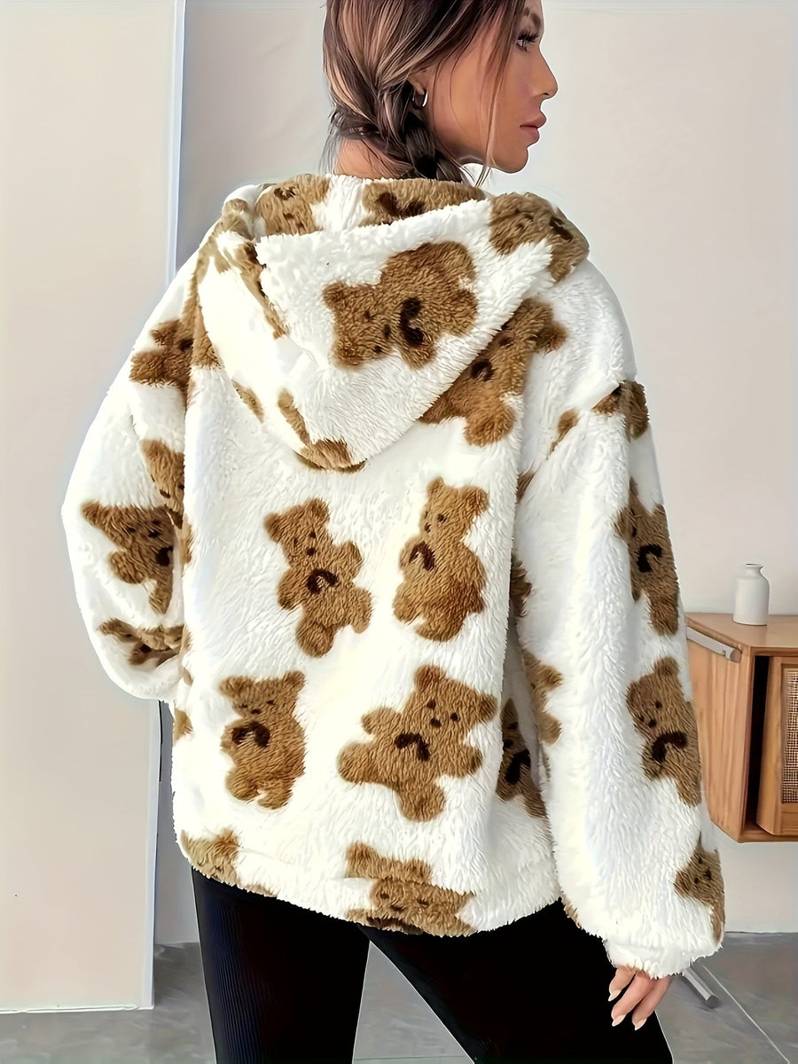 Sweat à Capuche Femme Doux Motif Ours Teddy Blanc et Marron