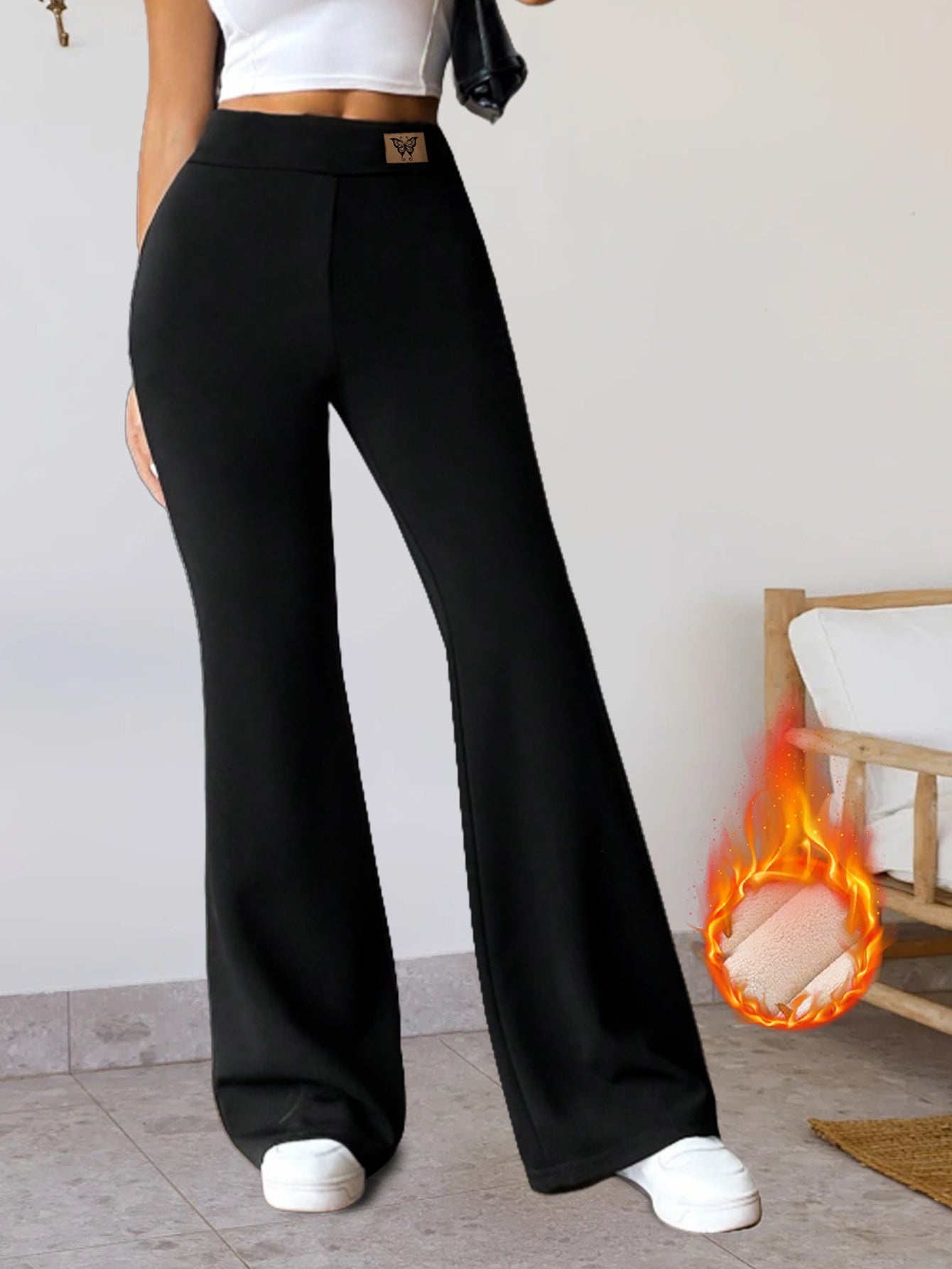 Pantalon Évasé Thermique Femme Noir Taille Haute Jambe Large Confort Doux