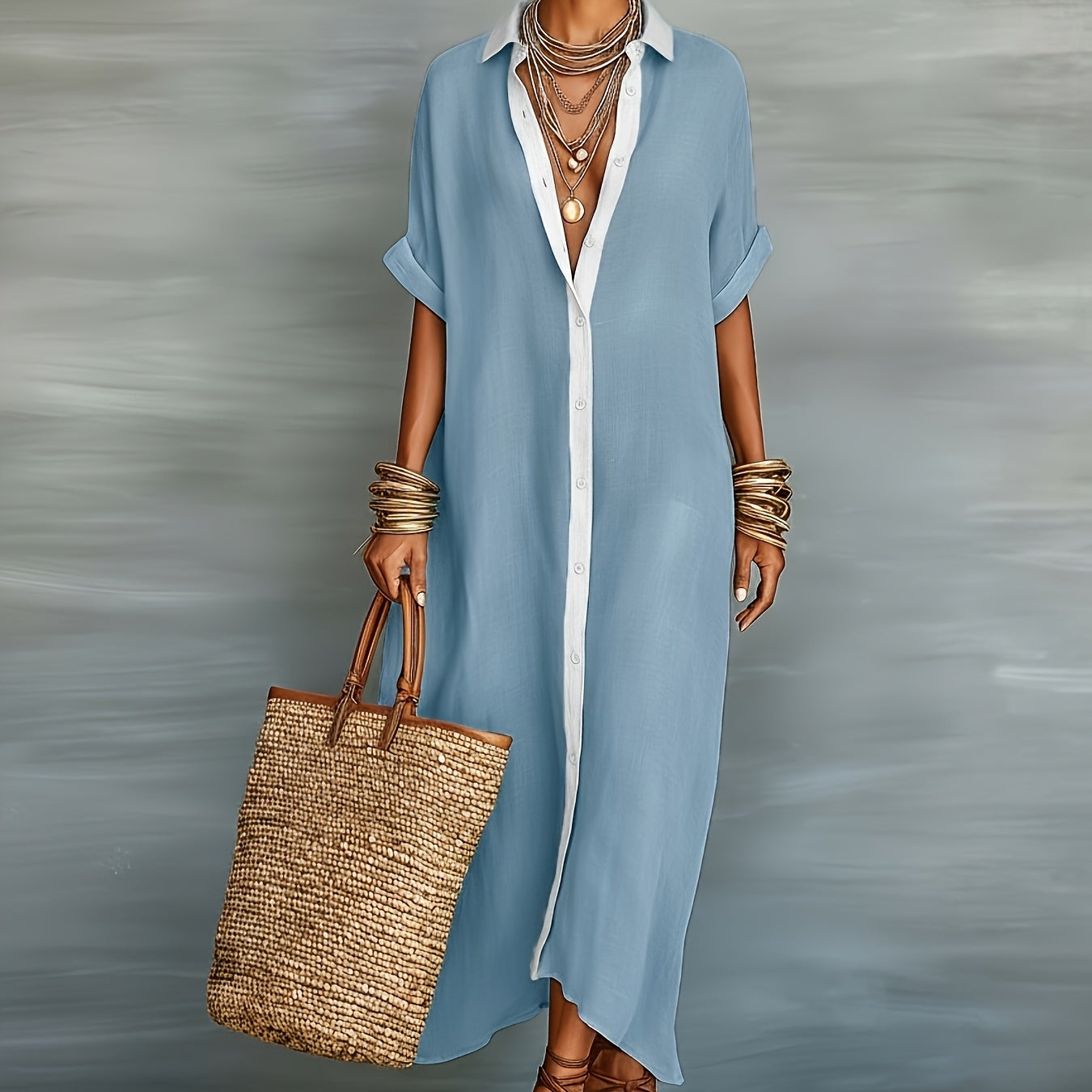 Robe Chemise Longue Décontractée Femme Style Bohème Élégant Été