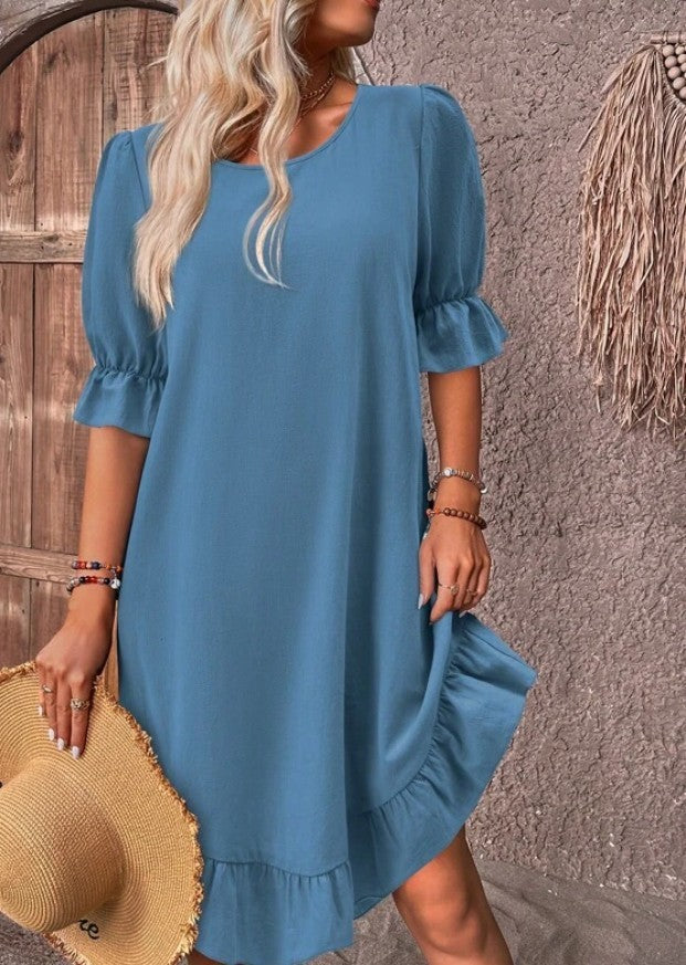 Amanda – Robe d'été à manches courtes avec volants de couleur unie et col rond