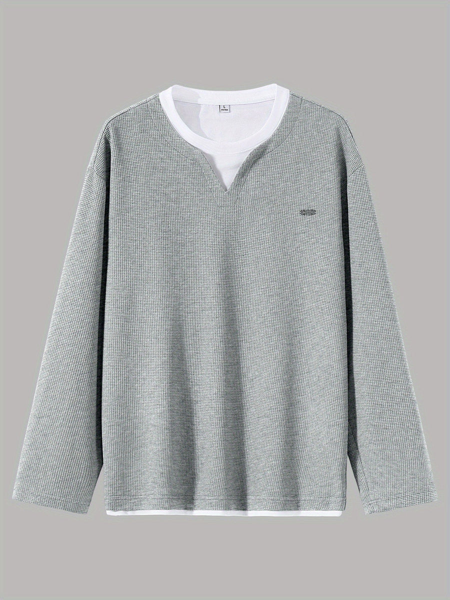 Men's two-tone waffle-knit V-neck long-sleeve sweater in gray
