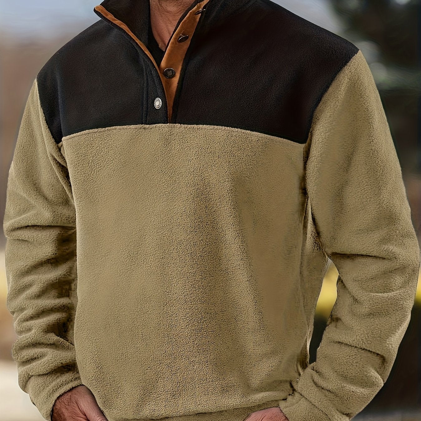 Pull Homme en Polaire Bicolore avec Col Montant et Boutons à Pression