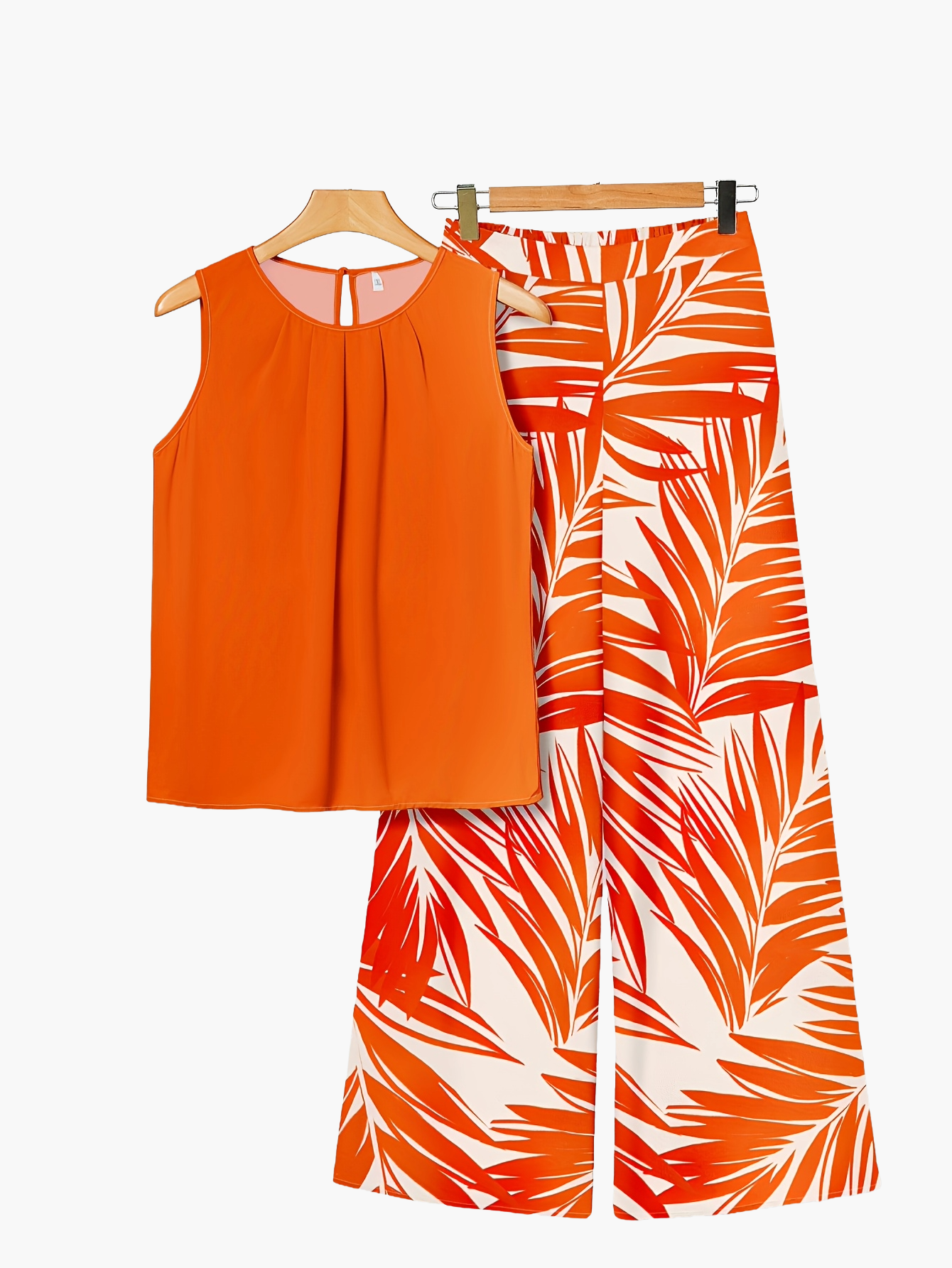 Completo casual donna – Outfit chic tropicale con motivo fogliame, stile ampio ideale per estate e vacanze