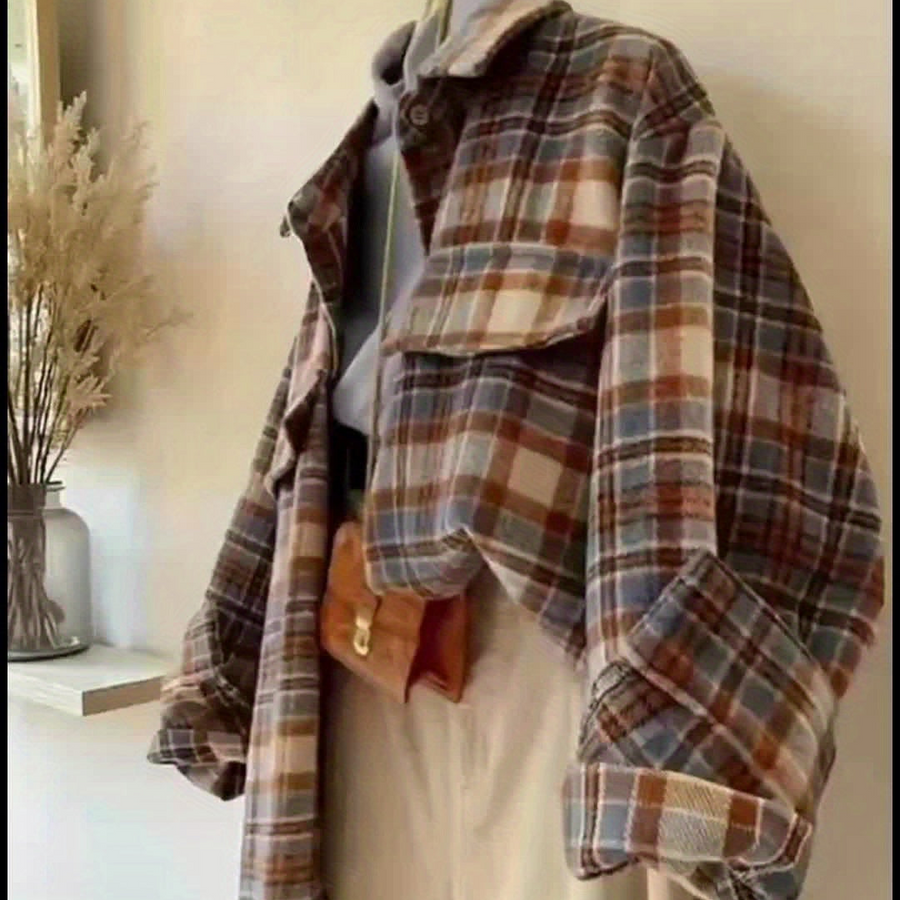 Surchemise à carreaux oversize Femme marron beige bleue décontractée