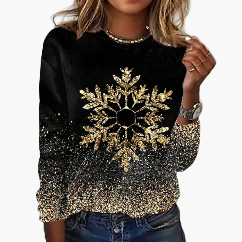 Chic dame sweatshirt med gyldent snefnugsmotiv, glitrende stil til festlige lejligheder