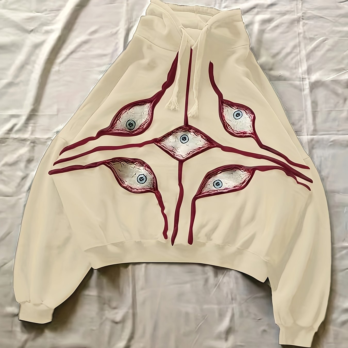 Sweat à Capuche Gris Anthracite Ample avec Motifs Yeux Stylisés