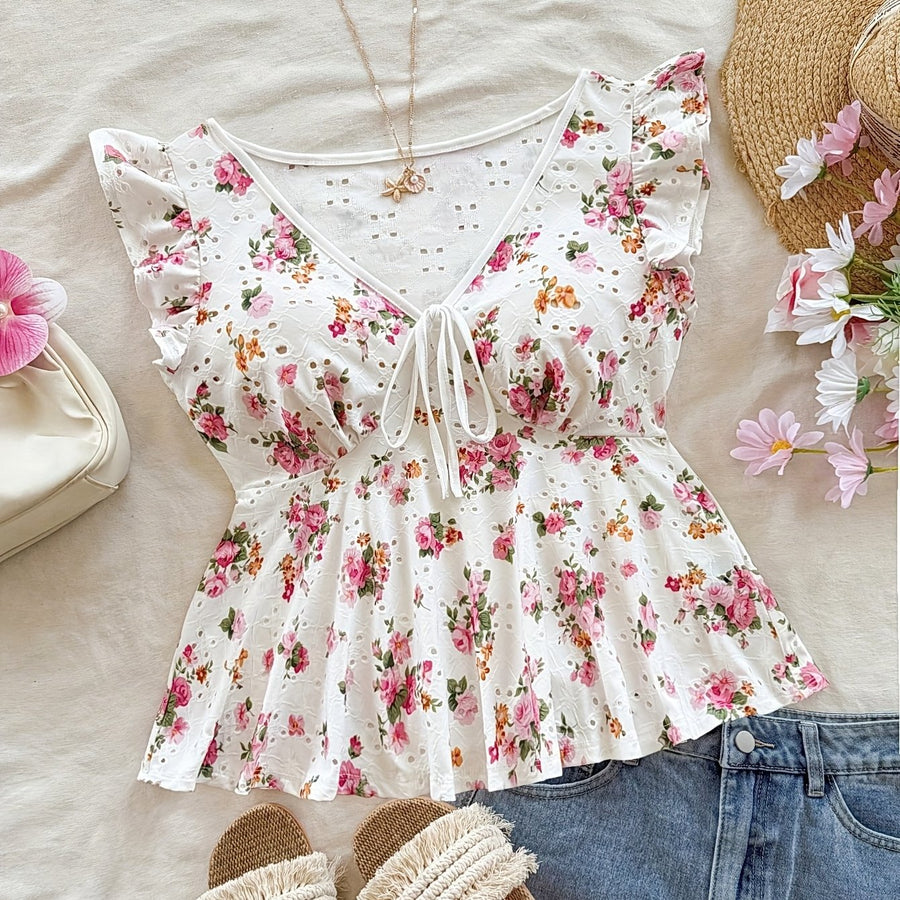Blouse Femme Style Cottage Peplum à Imprimé Fleuri et Broderie Anglaise – Romantique, Manches Volants, Décolleté Noué