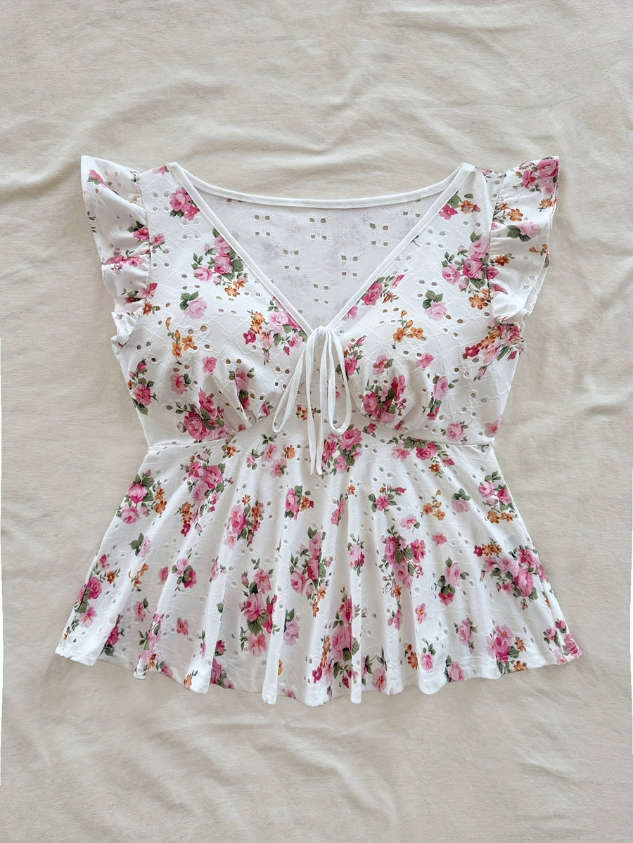 Blouse Femme Style Cottage Peplum à Imprimé Fleuri et Broderie Anglaise – Romantique, Manches Volants, Décolleté Noué