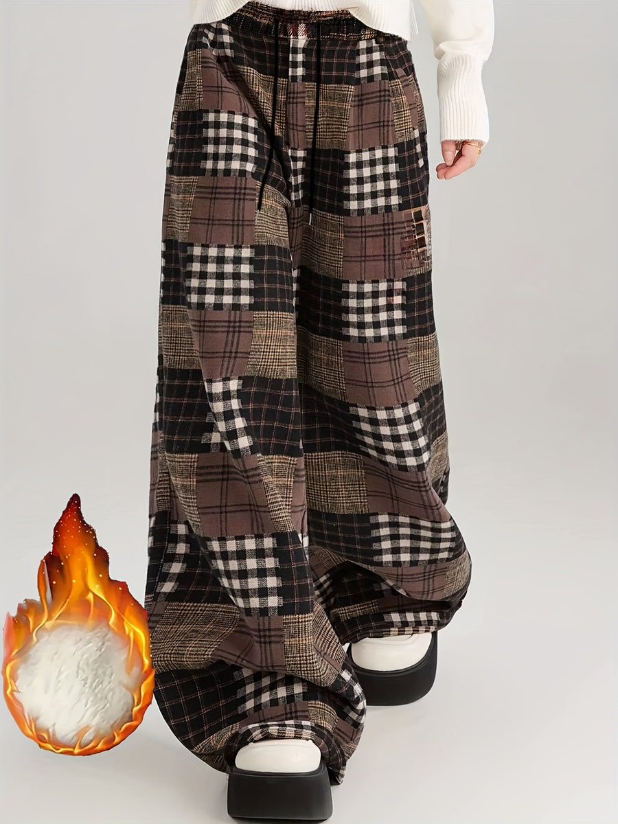 Pantalon large à carreaux style patchwork marron doublé doux