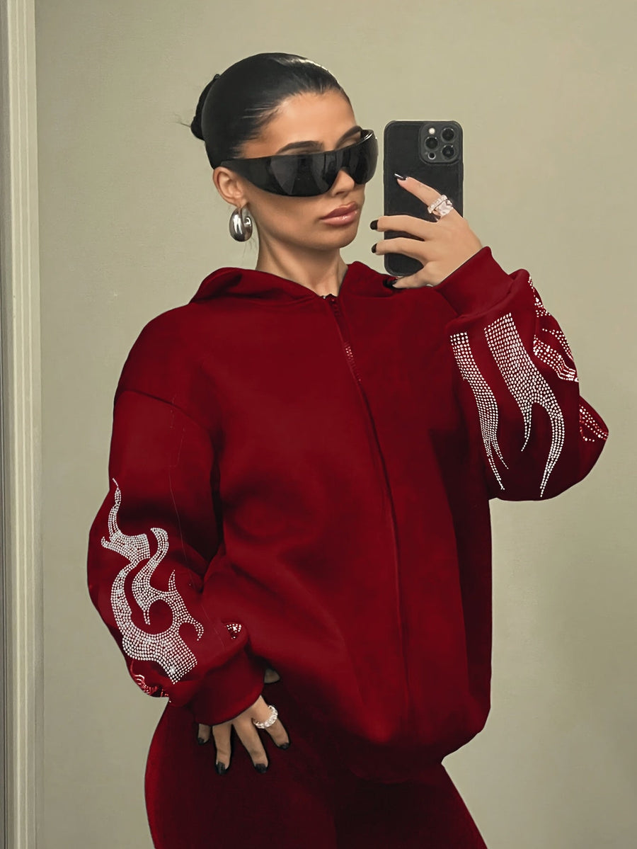 Sweat à Capuche Femme Décontracté Noir Flammé Strass Manches Longues