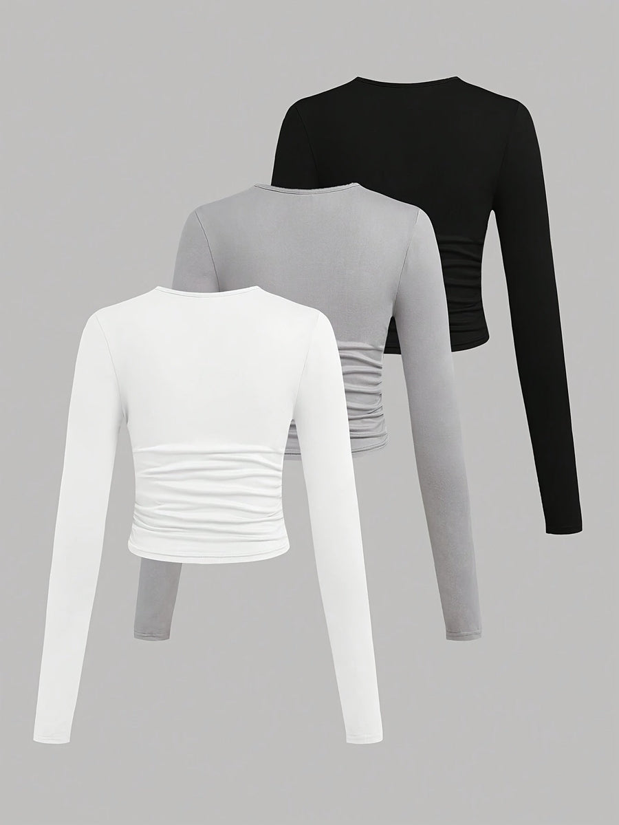 Set of 3 Women’s Long-Sleeve Ruched Crew-Neck Crop Tops