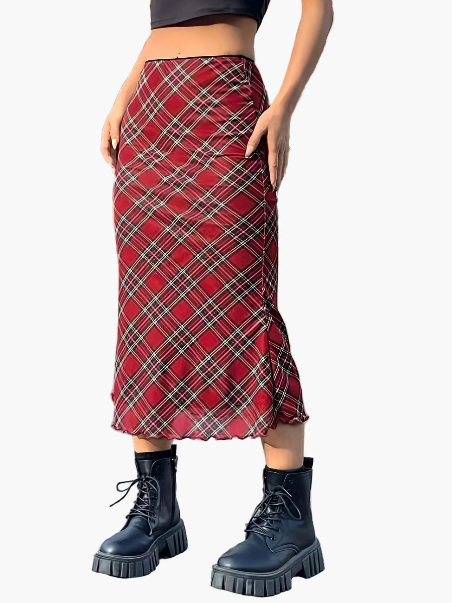 Jupe longue à carreaux géométriques style élégant pour femme