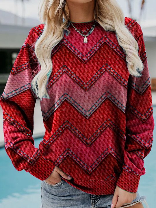 Sweatshirt Femme Imprimé Chevron Effet Denim Coupe Ample Manches Longues Col Rond