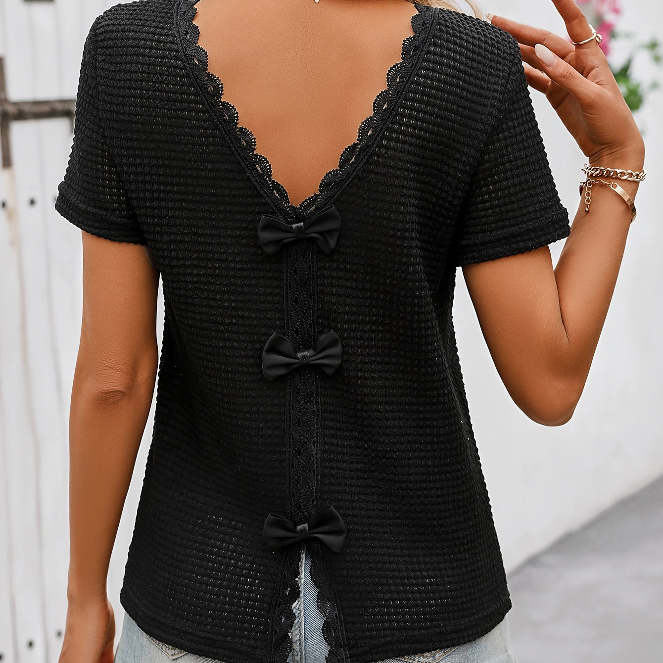 Top Femme Décontracté Dos Nu avec Nœuds et Dentelle Style Romantique