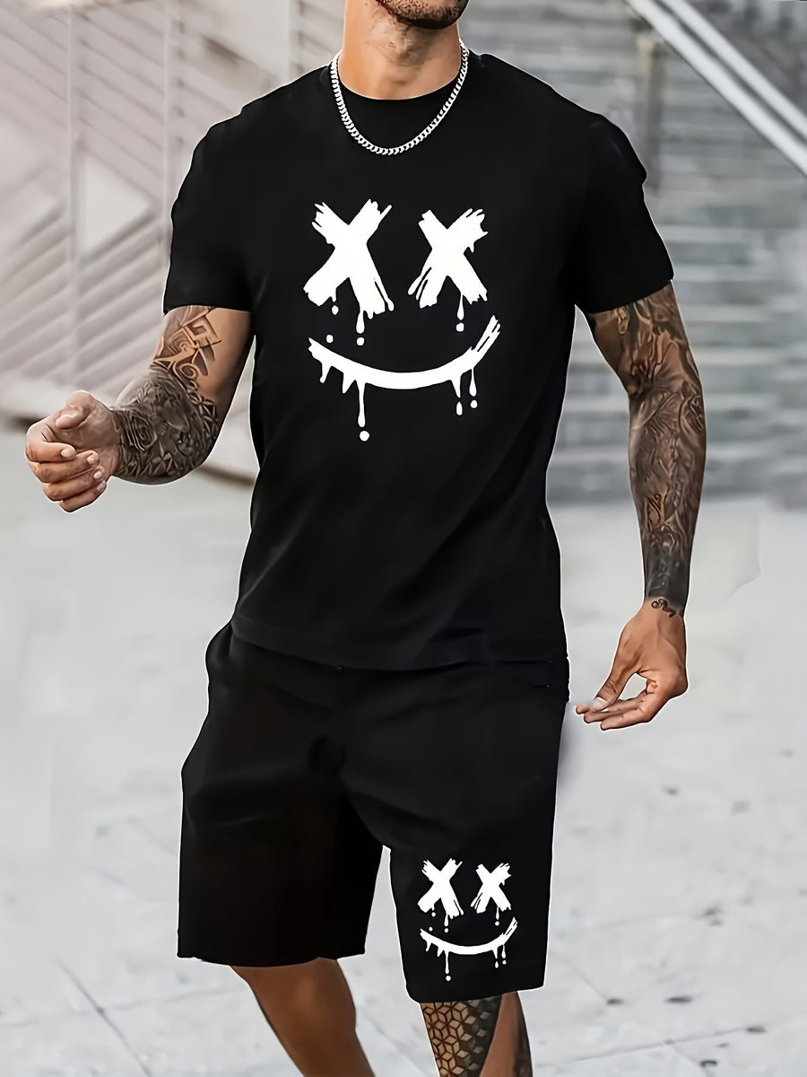 Ensemble décontracté pour homme - T-shirt et short style urbain motif visage smiley graphique