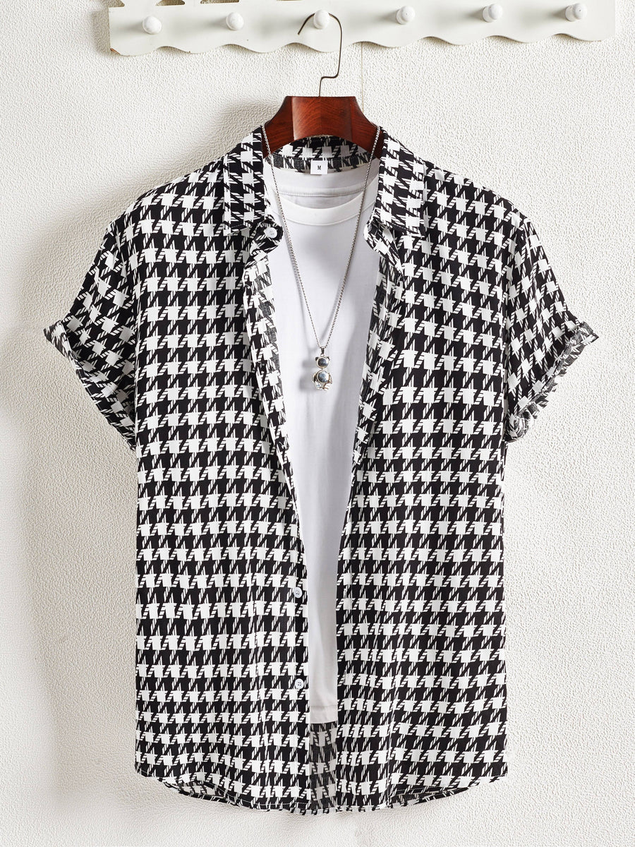 Men's Short Sleeve Resort Shirt with Geometric Print - Casual Urban Style