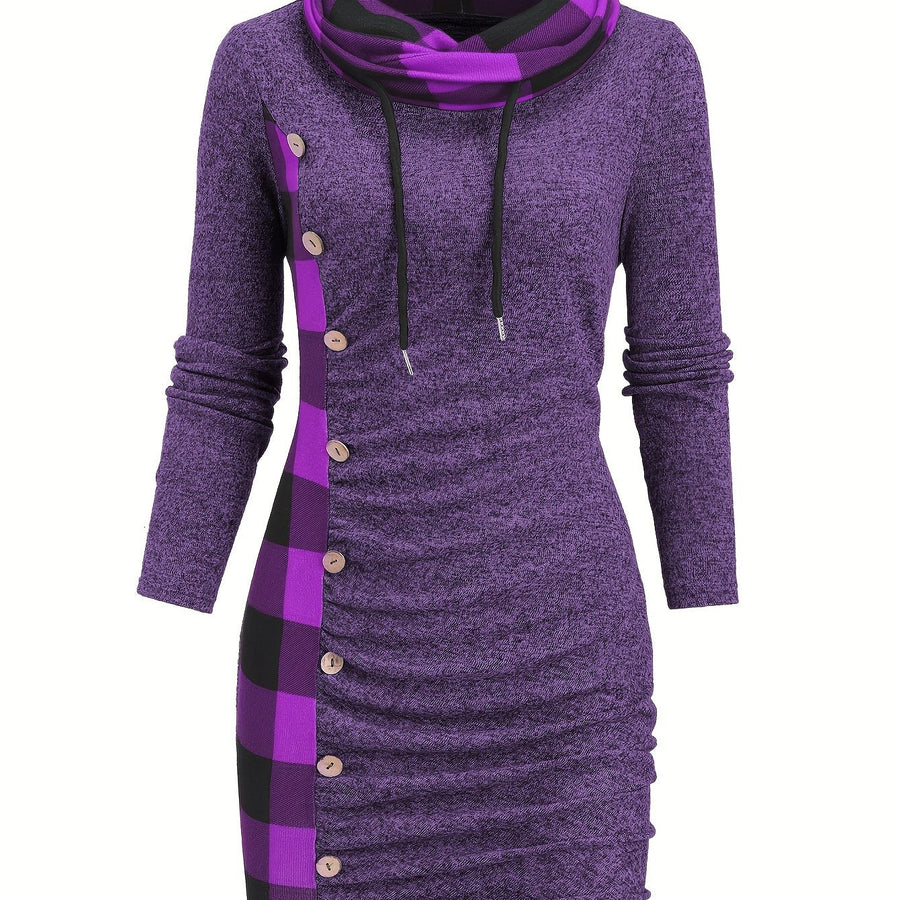 Robe Pull Courte Femme avec Col Cheminée et Motif Carreaux Bicolores
