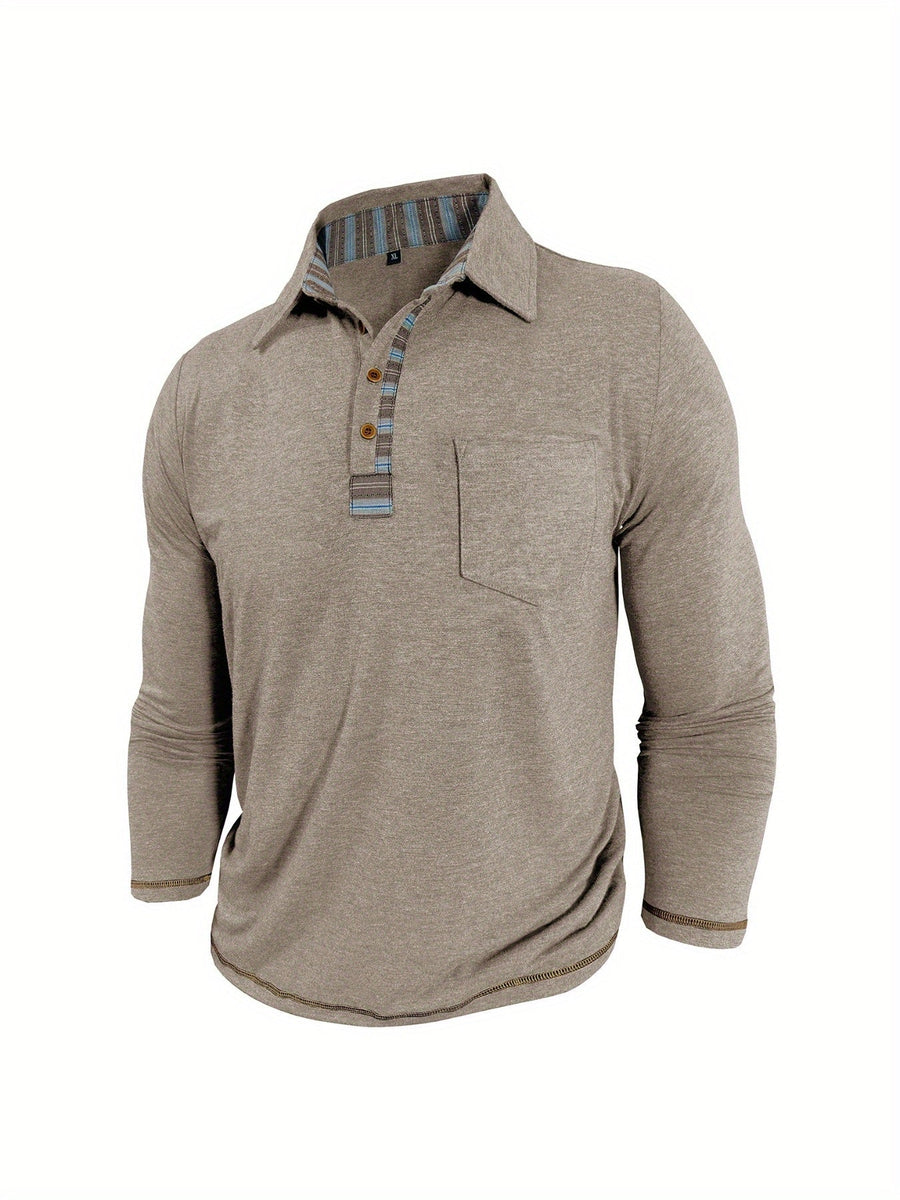 Polo für Herren mit langen Ärmeln, ethnischen Details und Knöpfen, Beige