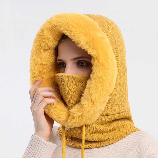 Gefütterte Strickkapuze mit Kunstfell in Rosa und integriertem Nackenwärmer für Damen