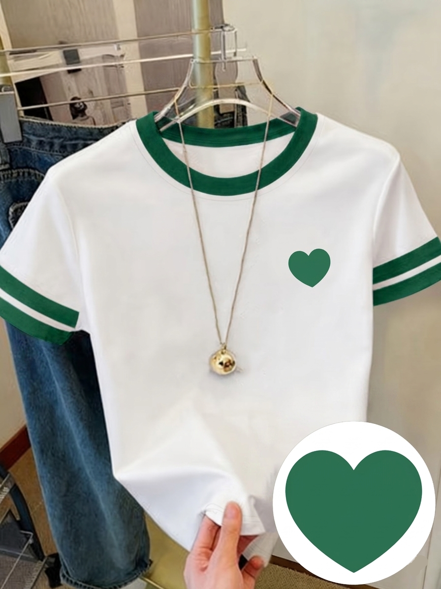 T-shirt décontracté pour femme avec cœur imprimé style sport chic